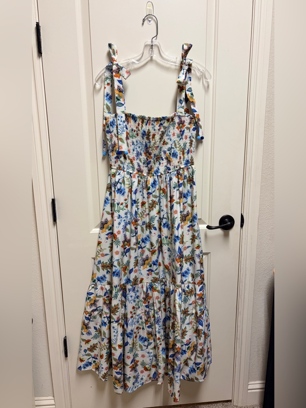 Tiered White Floral Tiered Maxi Dress with Tie Staps and Slit in Skirt